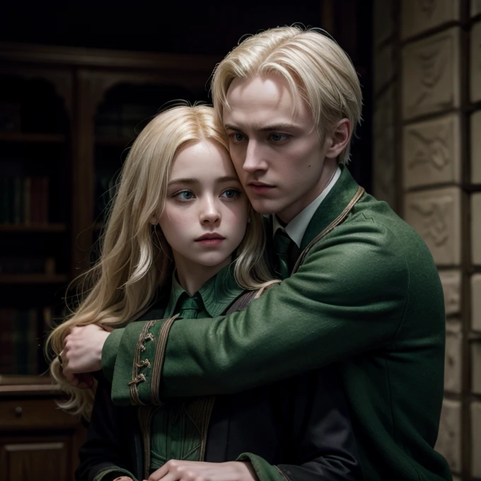 Draco Malfoy hugging a Slytherin girl with long wavy black hair 