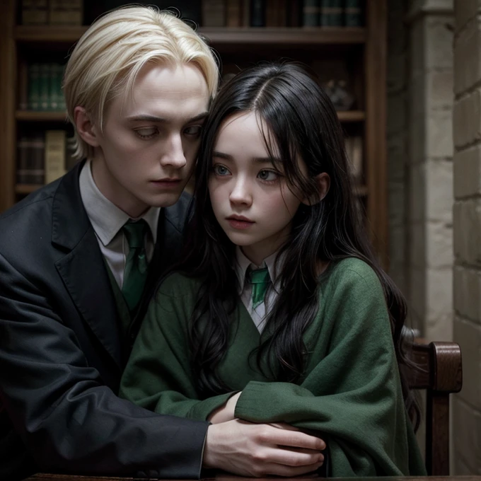 Draco Malfoy hugging a Slytherin girl with long wavy black hair 