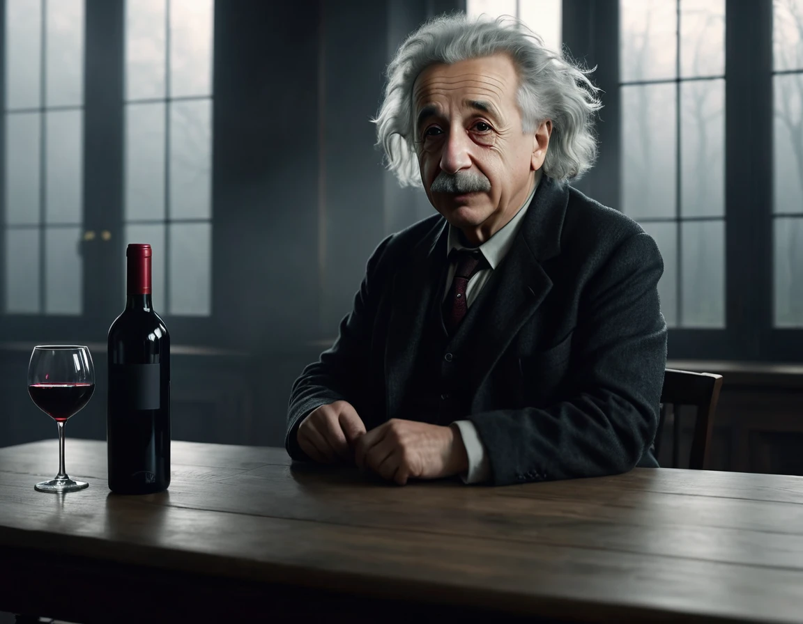 Albert Einstein, drinking wine pointing two fingers, evoking a feeling of anger, windows shrouded in fog, casting a mysterious and mystical ambience, as if the shadows themselves were about to reveal a sinister secret, side, side, side, side , sideways, modern, cinematic lighting, UHD, UHD, 8k, 4K, 4K, super detail , superdetail, 4K