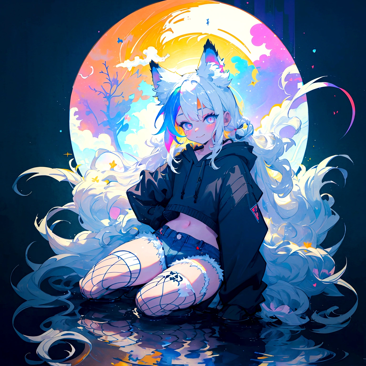 a cute adult male with wolf ears, long white hair, long locks, has a wolf tail, wearing a loose cropped black hoodie, wearing a pair of denim short shorts and fishnet stockings, thick thighs, wide hips, relaxing on mound of fluffy multi colored kawaii plushies, short, very slim, showing slender tummy, heart on hoodie, squishy thighs, has glowing blue eyes. alone, solo (ALONE)(SOLO), surrounded by rainbows, colorful galaxy backround, smiling, stretching out, water reflection