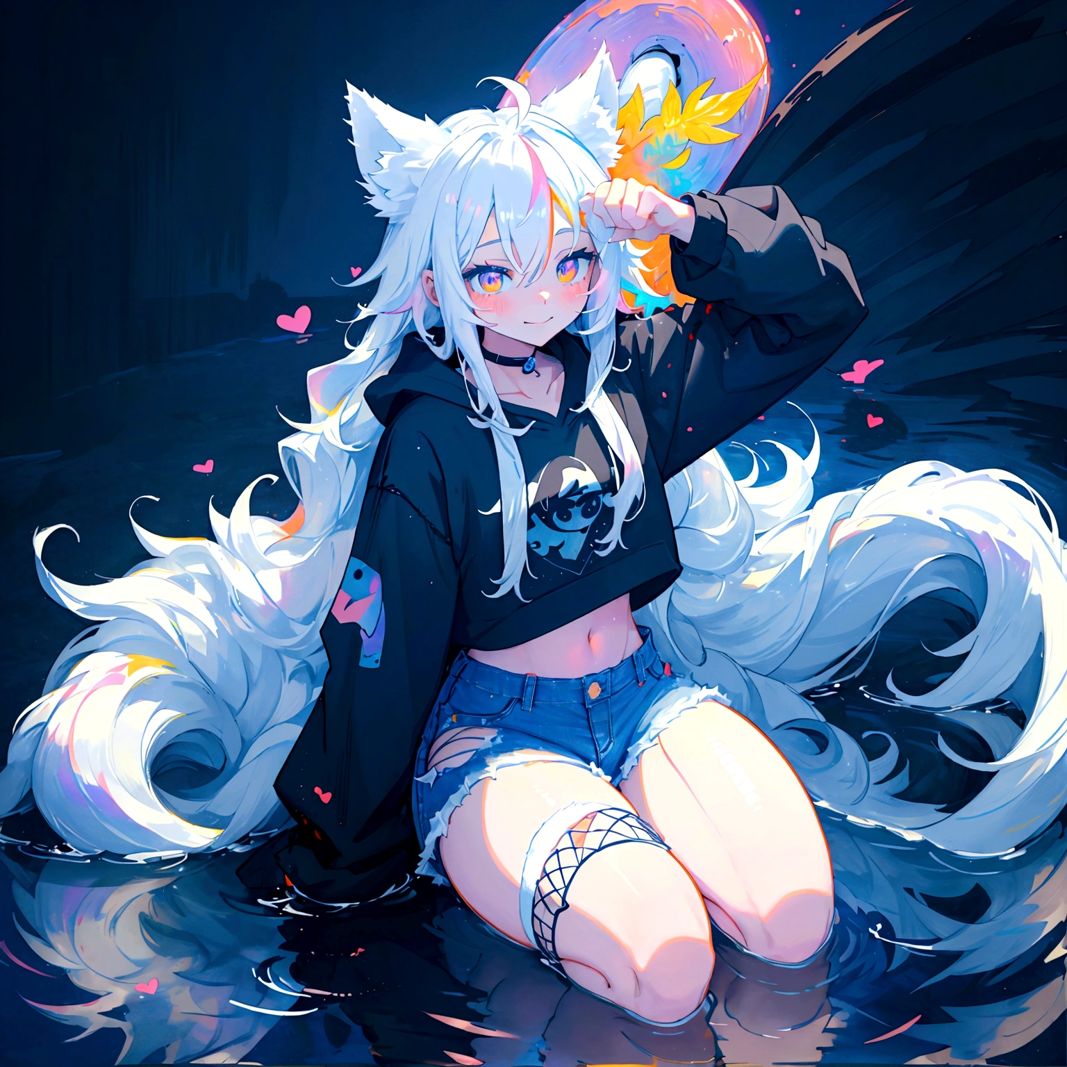 a cute adult male with wolf ears, long white hair, long locks, has a wolf tail, wearing a loose cropped black hoodie, wearing a pair of denim short shorts and fishnet stockings, thick thighs, wide hips, relaxing on mound of fluffy multi colored kawaii plushies, short, very slim, showing slender tummy, heart on hoodie, squishy thighs, has glowing blue eyes. alone, solo (ALONE)(SOLO), surrounded by rainbows, colorful galaxy backround, smiling, stretching out, water reflection