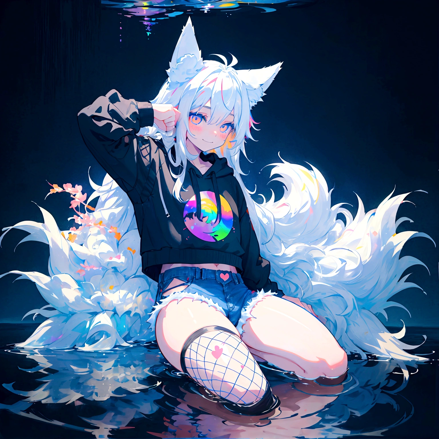 a cute adult male with wolf ears, long white hair, long locks, has a wolf tail, wearing a loose cropped black hoodie, wearing a pair of denim short shorts and fishnet stockings, thick thighs, wide hips, relaxing on mound of fluffy multi colored kawaii plushies, short, very slim, showing slender tummy, heart on hoodie, squishy thighs, has glowing blue eyes. alone, solo (ALONE)(SOLO), surrounded by rainbows, colorful galaxy backround, smiling, stretching out, water reflection