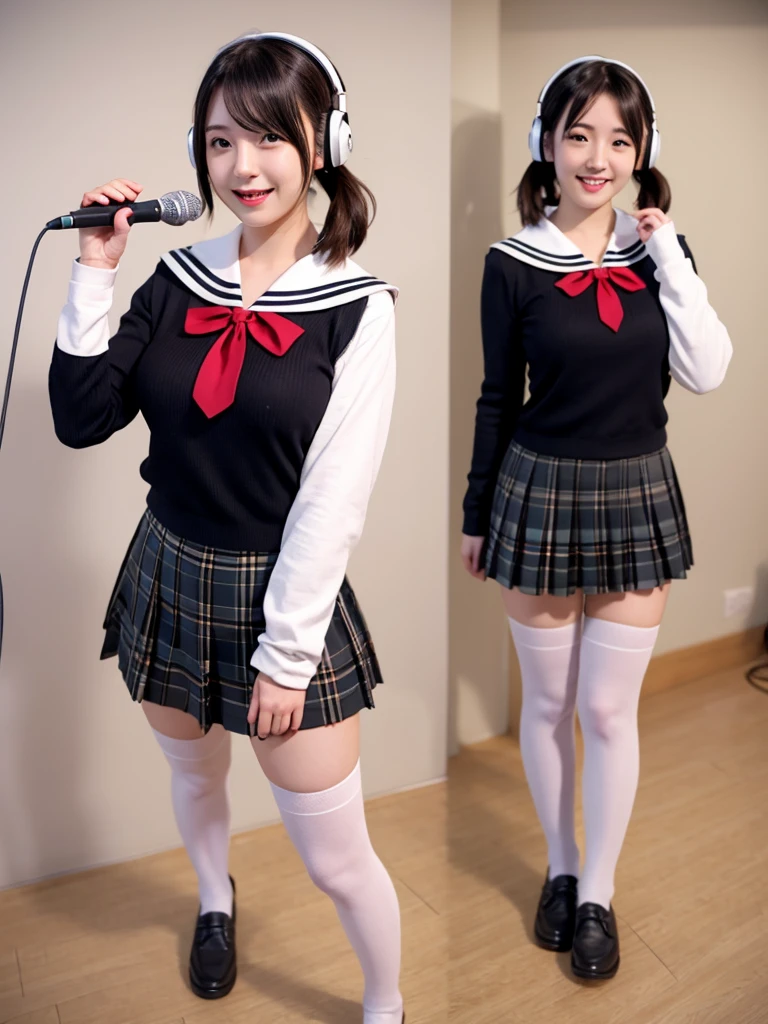 best quality, masterpiece, realistic, photorealistic, 1girl, solo, looking at viewer, smile, standing, full body, arms at side, cosplay, BLACK hair, twintails, hair ornament, very short hair, headphones, alternate costume, , sailor collar, shirt, long sleeves, necktie, skirt, pleated skirt, white thighhighs, loafers, simple background, Japanese women、24-years-old、The background is a pure white room、Singing on a microphone、No bangs、The chest is very small、very Short hair