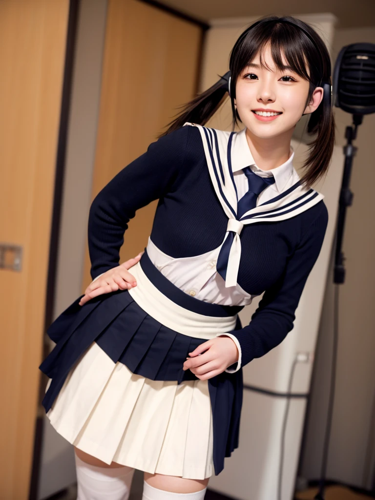 best quality, masterpiece, realistic, photorealistic, 1girl, solo, looking at viewer, smile, standing, full body, arms at side, cosplay, BLACK hair, twintails, hair ornament, very short hair, headphones, alternate costume, , sailor collar, shirt, long sleeves, necktie, skirt, pleated skirt, white thighhighs, loafers, simple background, Japanese women、24-years-old、The background is a pure white room、Singing on a microphone、No bangs、The chest is very small、very Short hair