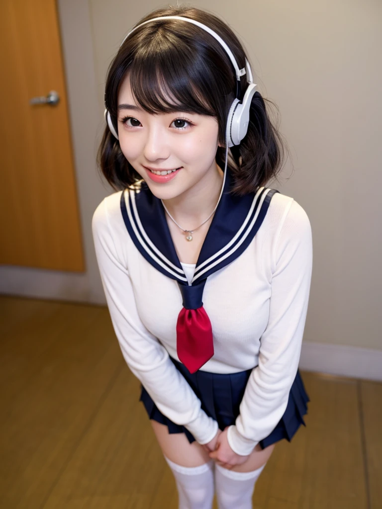 best quality, masterpiece, realistic, photorealistic, 1girl, solo, looking at viewer, smile, standing, full body, arms at side, cosplay, BLACK hair, twintails, hair ornament, very short hair, headphones, alternate costume, , sailor collar, shirt, long sleeves, necktie, skirt, pleated skirt, white thighhighs, loafers, simple background, Japanese women、24-years-old、The background is a pure white room、Singing on a microphone、No bangs、The chest is very small、very Short hair