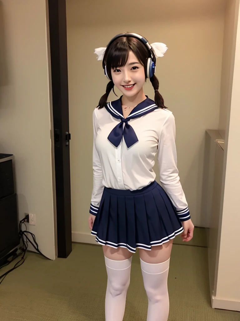 best quality, masterpiece, realistic, photorealistic, 1girl, solo, looking at viewer, smile, standing, full body, arms at side, cosplay, BLACK hair, twintails, hair ornament, very short hair, headphones, alternate costume, , sailor collar, shirt, long sleeves, necktie, skirt, pleated skirt, white thighhighs, loafers, simple background, Japanese women、24-years-old、The background is a pure white room、Singing on a microphone、No bangs、The chest is very small、very Short hair