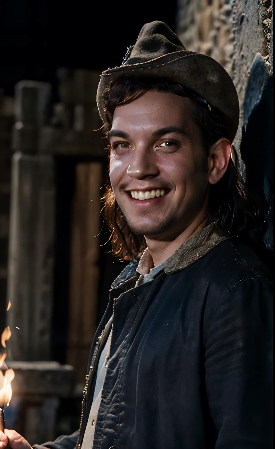 (Best Quality:1.3), Filming of movies, Masterpiece, (sharp focus:1.5), (natural:1.3), Medium portrait (A young medieval sorcerer with long wavy hair, SMILE, proud and fierce, Wearing an exquisite blue tunic and a peaked hat., There are several lit torches on the wall., Give the scene a dark atmosphere.，But the shape has a stark contrast between light and dark.), evening, (highly refined leather), (detailed face), detailed background, Dark light, twilight lighting, volumetric lighting, intricate details, ultra high definition, 