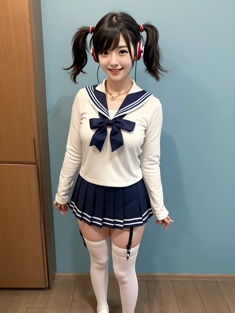 best quality, masterpiece, realistic, photorealistic, 1girl, solo, looking at viewer, smile, standing, full body, arms at side, cosplay, BLACK hair, twintails, hair ornament, very short hair, headphones, alternate costume, , sailor collar, shirt, long sleeves, necktie, skirt, pleated skirt, white thighhighs, loafers, simple background, Japanese women、24-years-old、The background is a pure white room、Singing on a microphone、No bangs、The chest is very small、very Short hair