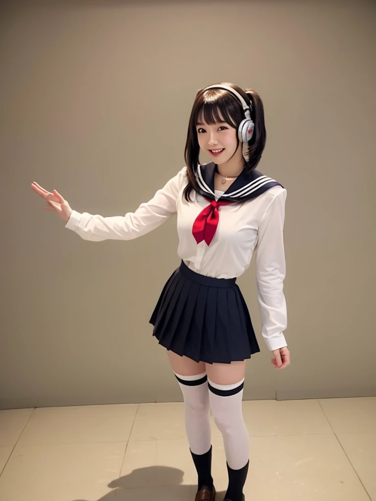 best quality, masterpiece, realistic, photorealistic, 1girl, solo, looking at viewer, smile, standing, full body, arms at side, cosplay, BLACK hair, twintails, hair ornament, very short hair, headphones, alternate costume, , sailor collar, shirt, long sleeves, necktie, skirt, pleated skirt, white thighhighs, loafers, simple background, Japanese women、24-years-old、The background is a pure white room、Singing on a microphone、No bangs、The chest is very small、very Short hair