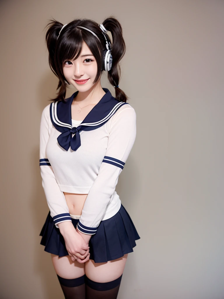 best quality, masterpiece, realistic, photorealistic, 1girl, solo, looking at viewer, smile, standing, full body, arms at side, cosplay, BLACK hair, twintails, hair ornament, very short hair, headphones, alternate costume, , sailor collar, shirt, long sleeves, necktie, skirt, pleated skirt, white thighhighs, loafers, simple background, Japanese women、24-years-old、The background is a pure white room、Singing on a microphone、No bangs、The chest is very small、very Short hair