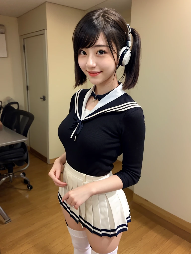 best quality, masterpiece, realistic, photorealistic, 1girl, solo, looking at viewer, smile, standing, full body, arms at side, cosplay, BLACK hair, twintails, hair ornament, very short hair, headphones, alternate costume, , sailor collar, shirt, long sleeves, necktie, skirt, pleated skirt, white thighhighs, loafers, simple background, Japanese women、24-years-old、The background is a pure white room、Singing on a microphone、No bangs、The chest is very small、very Short hair