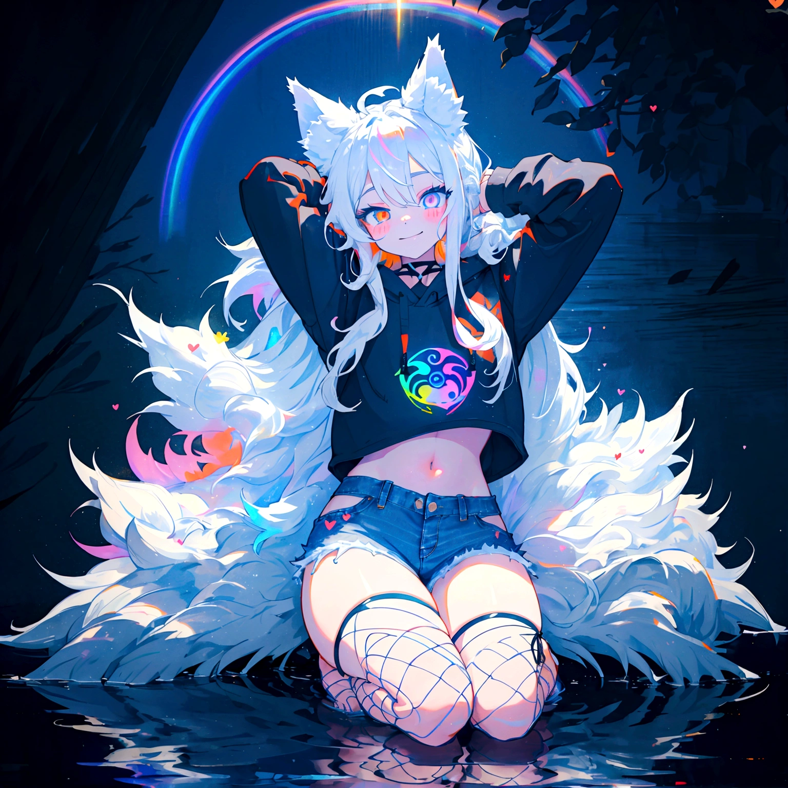 a cute adult male with wolf ears, long white hair, long locks, has a wolf tail, wearing a loose cropped black hoodie, wearing a pair of denim short shorts and fishnet stockings, thick thighs, wide hips, relaxing on mound of fluffy multi colored kawaii plushies, short, very slim, showing slender tummy, heart on hoodie, squishy thighs, has glowing blue eyes. alone, solo (ALONE)(SOLO), surrounded by rainbows, colorful galaxy backround, smiling, stretching out, water reflection