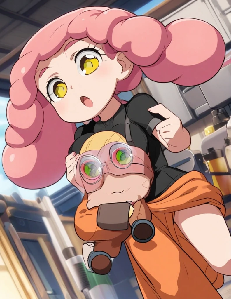 Mei Hatsume is a short girl with a rather mature physique. She has salmon pink hair that is styled into dreadlocks, often reaching to her shoulders. Mei also has a pair of yellow eyes with cross-sign irises, making her eyes resemble a pair of scope lenses.  and Her attire consists of a plain black tank top with workshop coveralls tied casually around her waist,