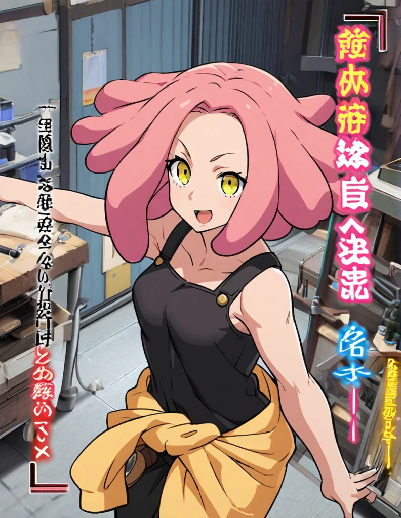 Mei Hatsume is a short girl with a rather mature physique. She has salmon pink hair that is styled into dreadlocks, often reaching to her shoulders. Mei also has a pair of yellow eyes with cross-sign irises, making her eyes resemble a pair of scope lenses. and Her attire consists of a plain black tank top with workshop coveralls tied casually around her waist,