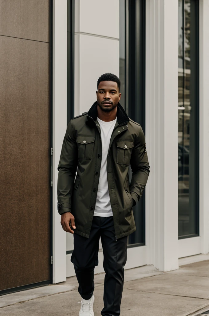 African American man wearing black jacket coat, white shirt and khaki pants