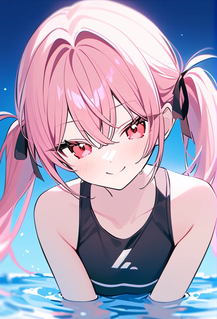 rurudo, 1girl,  solo,  pink hair, thick twintails, red eyes, swimming club, smile with lively