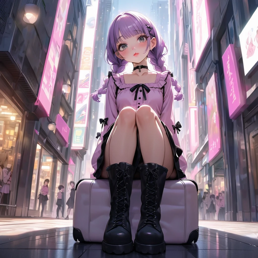 masterpiece, ultra detailed, 8K, solid blue Skyscrapers background, full body shot, Angle looking up from below.happy, a girl, kawaii, light atmosphere, mysterious atmosphere, (Cute a girl:1.5), (a girl with closs hair pin,pale purple hair,wavy two braids,bluntbangs hair,green and black eyes,
pink shirt,cosplay, jirai kei, bangs, black skirt, black bow, looking at viewer, bow, long sleeves, choker, ribbon,pink lips,Thick-soled boots,fullbody shot :1.4),boots focus,
(masterpiece:1.3), anime visual, (Lovey-dovey:1.5), (tilt head:1.3), extremely delicate face, soft clean focus, realistic lighting and shading, (an extremely delicate and beautiful art:1.3), elegant, (muted colors:1.1), small breast,slim,Sitting on a carry-on bag in Akihabara's pedestrian mall,morning lit,