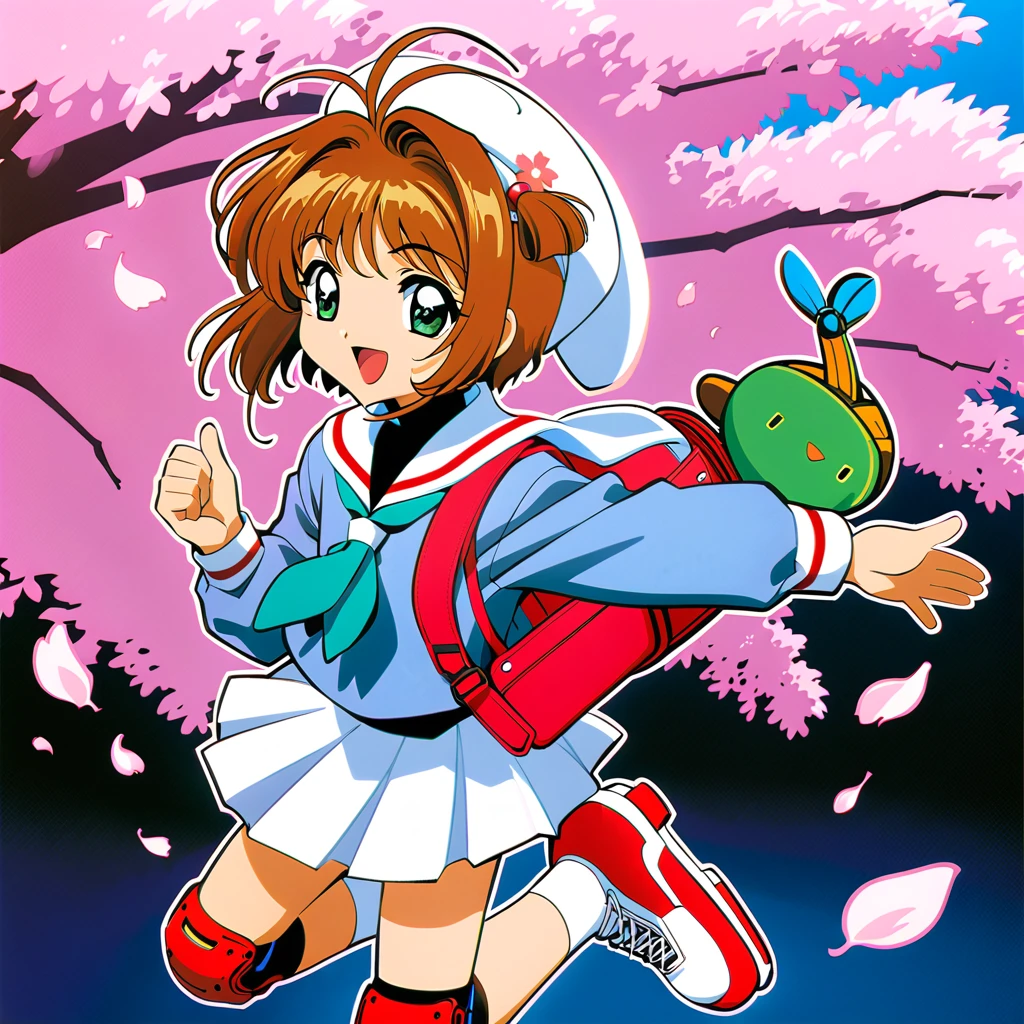 roller skate, One girl, Annoying, Brown Hair, kinomoto sakura, white skirt, inline skate, skate, Uniforms of Tomoeda Elementary School, cherry blossoms, , skirt, Green Eyes, White Hat, bag, Backpack, Open your mouth, Have, 1990s (style), petal, short hair, smile, retro artstyle, pleateD skirt, Hair ties, :D, Knee pads, whole body, bangs, View your viewers, Seraphim, Antenna Hair, woman , hair ornaments, Living things, black shirt, wing, Long sleeve, neckerchief, Sailor collar, Outdoor, shirt, Day,