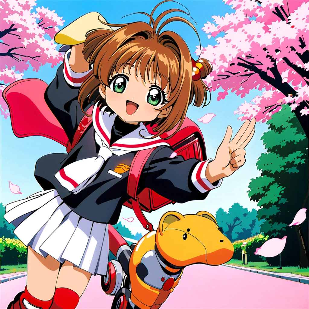 roller skate, One girl, Annoying, Brown Hair, kinomoto sakura, white skirt, inline skate, skate, Uniforms of Tomoeda Elementary School, cherry blossoms, , skirt, Green Eyes, White Hat, bag, Backpack, Open your mouth, Have, 1990s (style), petal, short hair, smile, retro artstyle, pleateD skirt, Hair ties, :D, Knee pads, whole body, bangs, View your viewers, Seraphim, Antenna Hair, woman , hair ornaments, Living things, black shirt, wing, Long sleeve, neckerchief, Sailor collar, Outdoor, shirt, Day, 