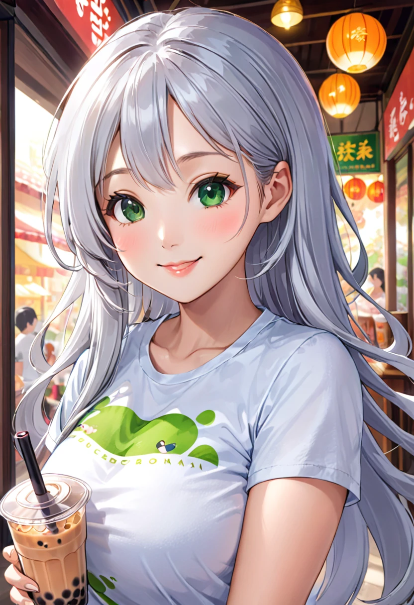 Pretty asian woman, bright silver hair, long hair, green eyes, tshirt, perfect face, busty, drinking boba tea, anime style, smiling