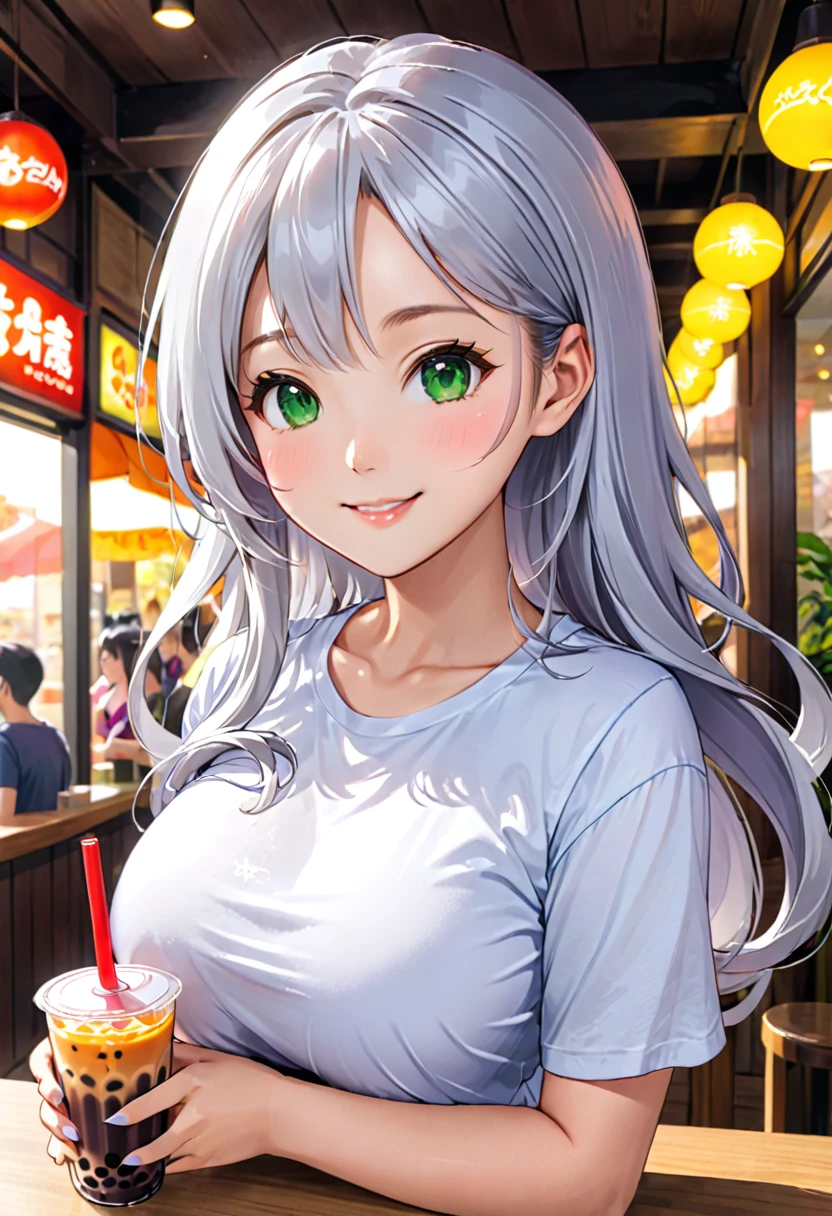 Pretty asian woman, bright silver hair, long hair, green eyes, tshirt, perfect face, busty, drinking boba tea, anime style, smiling