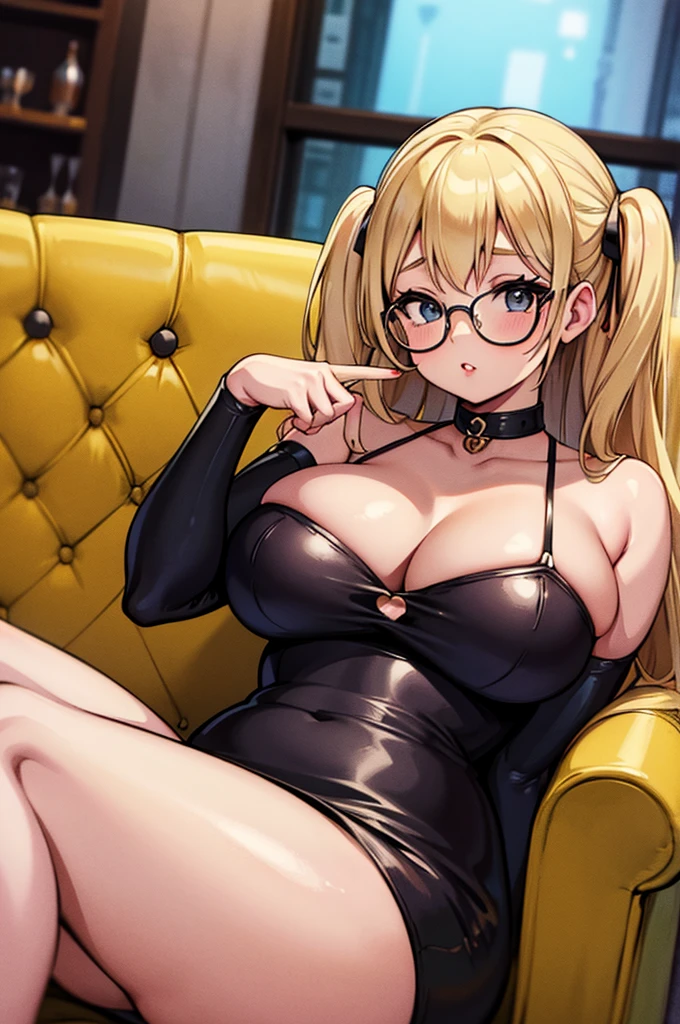 pin-up, pin up, 1950's aesthetic, blonde with bangs, wearing glasses, thicc, pawg, in white bridal lingerie, in art deco bar, lying on a tufted leather couch,