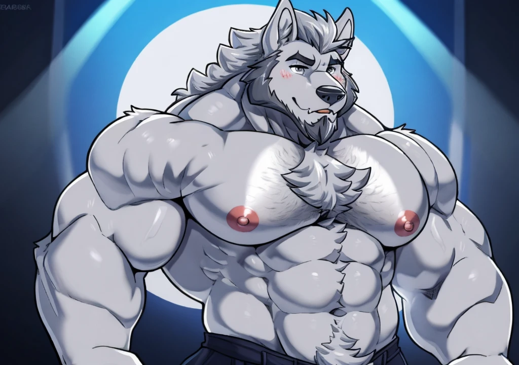 wolf, furry, light gray fur, handsome, very muscular, very big, full body, hot, beard, hair, chest hair