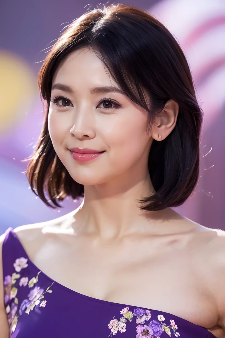 Medium Size Display, Medium Shot, Written boundary depth, bust, Upper Body, Movie angle, masterpiece, Highest quality, Very detailed, CG, 8k wallpaper, Beautiful Face, Delicate eyes, alone, smile, cute、Purple Dress、Floral Background、