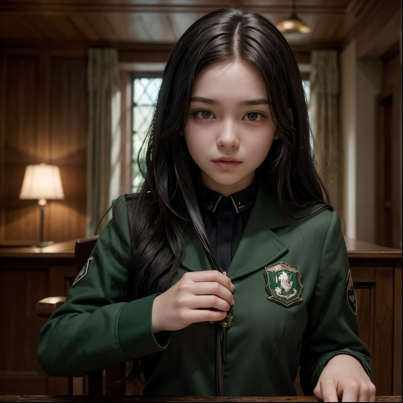 16 year old girl, very beautiful, in the Howards uniform with the Slytherin emblem, It would be long black wavy hair