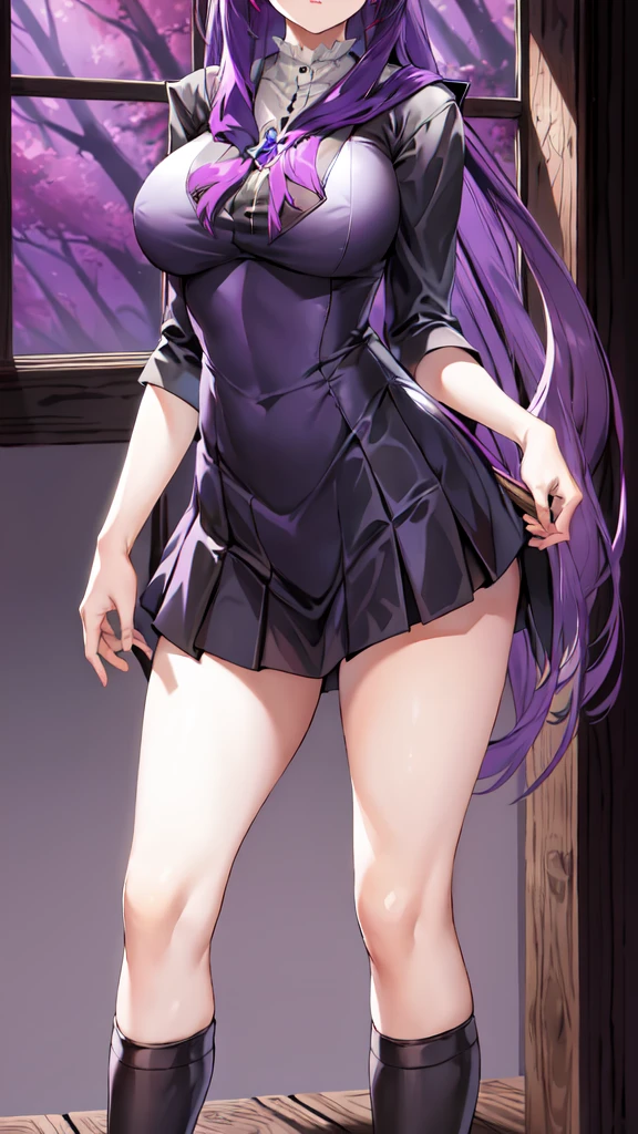masterpiece, Highest quality, High resolution, Arfern, Long Hair, Purple Hair, Blunt bangs, Purple eyes, Large Breasts, Long dress, White Dress, Black Robe, Long sleeve, Are standing, holding staff, forest, Cowboy Shot,