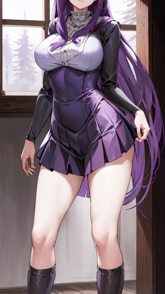 masterpiece, Highest quality, High resolution, Arfern, Long Hair, Purple Hair, Blunt bangs, Purple eyes, Large Breasts, Long dress, White Dress, Black Robe, Long sleeve, Are standing, holding staff, forest, Cowboy Shot,