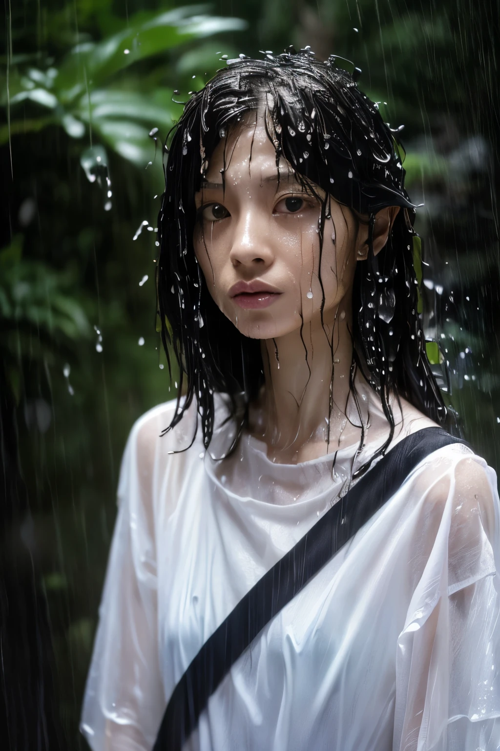 Best Image Quality, masterpiece, Ultra high resolution, (loyalty :1.4), Skinny Japanese woman, 1 girl, detailed face, detailed eyes, correct human body structure, dim, Dark, Tears, Tearsdrop, (White shirt), (wet soaked clothes sticking to the body:1.4), bare shoulders, wet hair, torrential rain, in the deep forest,