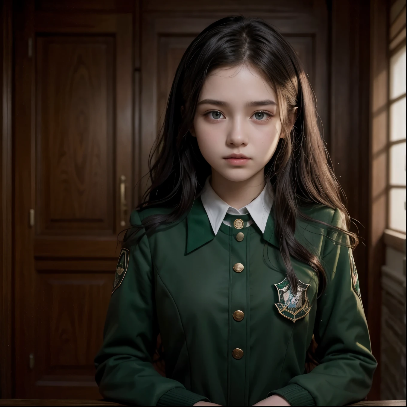 16 year old girl, very beautiful, in the Howards uniform with the Slytherin emblem, It would be long black wavy hair
