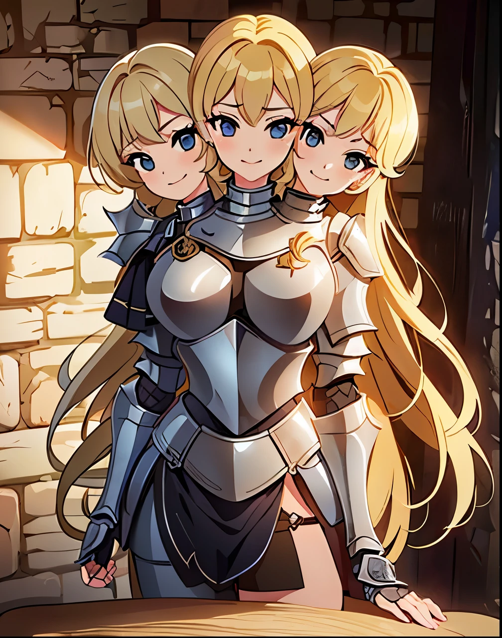 (masterpiece),(ultra-detailed), (high quality), (high resolution), (best quality:1.5, highres, UHD), highres, absurdo, ultra detail, ultra quality, (2heads:1.5), 1girl, ((golden blonde hair)), thighs, (gray armor), female warrior, (fully armored), (medieval outfit), (black eyes), armored chest piece, gorgeous female knight, Guild Clothes with Armor, Fantasyart:1.5, (1 Female Knight:1.5), Detailed and detailed depiction armor, (seductive smirk), detailed eyes