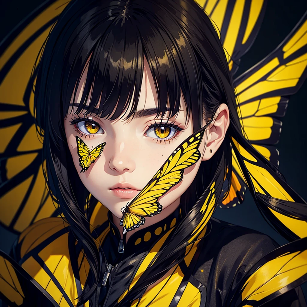a yellow butterfly with black spots, wings open professional portrait photography