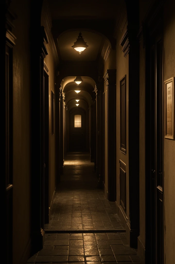 Facade of the Old Building:
Description: An image of the facade of the old building at night, with dim lighting and deep shadows.
Purpose: Establish the initial setting of the story.
dark hallway:
Description: A dimly lit hallway, with closed doors and a dim yellow light.
Purpose: Create an atmosphere of suspense while Clara hears the footsteps.