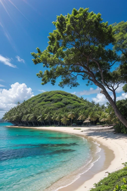 Island with beautiful trees, and a giant one right in the middle of the island, wild animals and many felines, Exotic flowers, blue sky, roxo e rosa