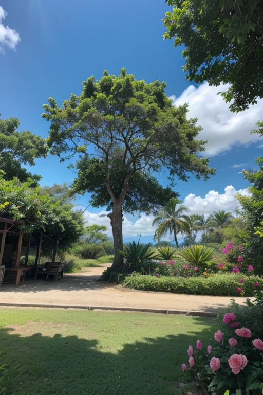 Island with beautiful trees, and a giant one right in the middle of the island, wild animals and many felines, Exotic flowers, blue sky, roxo e rosa