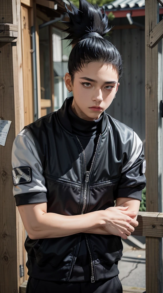 masterpiece, One boy, Great style, Urban Streetwear Outfit, Outdoor, Upper Body, Shikamaru Nara, Bright Eyes, Black Hair, Cool Boy