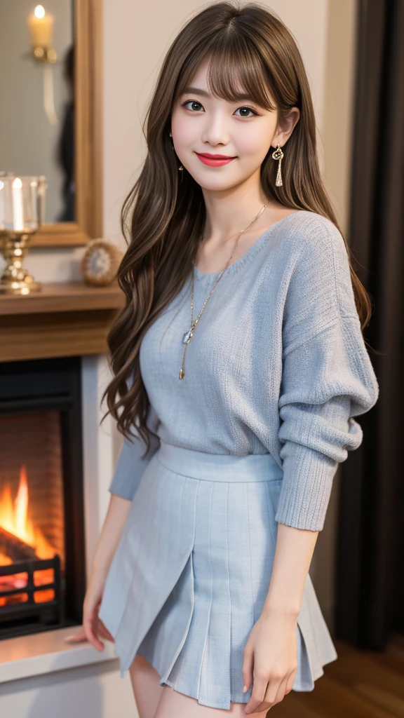 1 girl, Silver Hair, Brown hair, Dull bangs, Floating hair, Long hair, Fireplace awning, Eye of Water, Shining eyes, Long eyelashes, earrings, compensate, Smile, Open your mouth, Written border depth, First person perspective,F/1.8, 135 mm, Canon, 超HD, Retina, masterpiece, precise, Anatomically correct, Rough skin, Very detailed, Advanced Details, high quality, 最high quality, high resolution, 1080P, HD, 8K, front,Pleated Skirt,