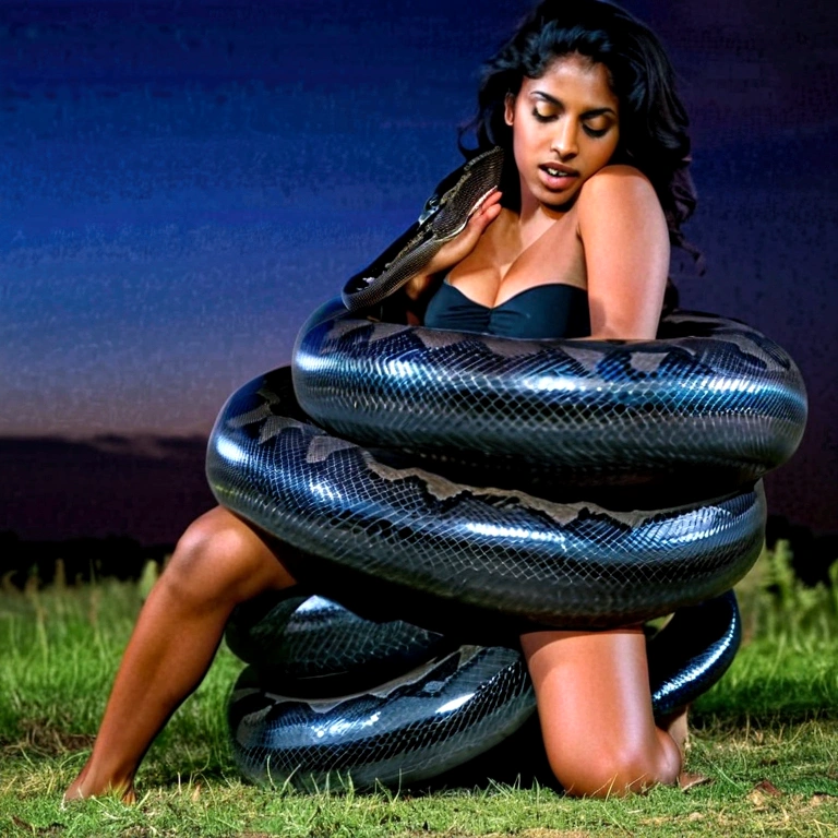 Happy Horny, aroused 1girl), beautiful kneeling indian thick young girl with giant colossal black titanboa squeezing her hard, wrapped in thick spiraling coils, constricted, struggle, gasping for air, snake attack, snake peril, moonless night, dim light