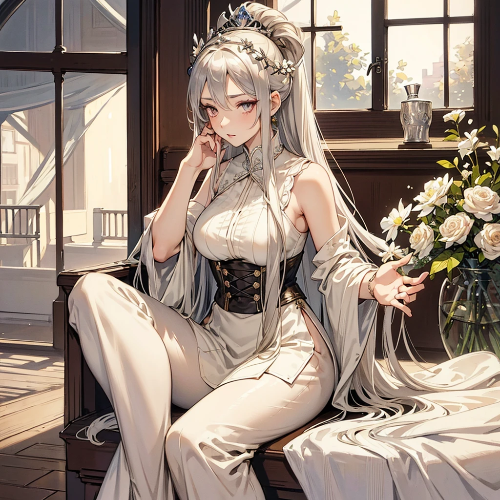anime woman with very long silver hair, beautiful and attractive silver eyes, subtle makeup, with a blank expression and has a crown of flowers on her head, wearing an elegant beige sleeveless dress with a beige corset with 18th century lace detail, sitting in a traditional living room looking out of a window, JUST ONE
