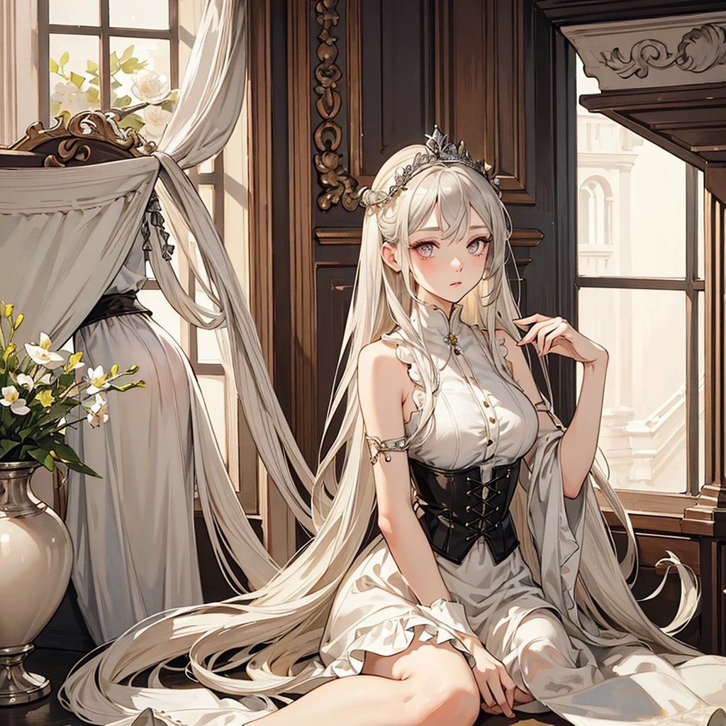 anime woman with very long silver hair, beautiful and attractive silver eyes, subtle makeup, with a blank expression and has a crown of flowers on her head, wearing an elegant beige sleeveless dress with a beige corset with 18th century lace detail, sitting in a traditional living room looking out of a window, JUST ONE