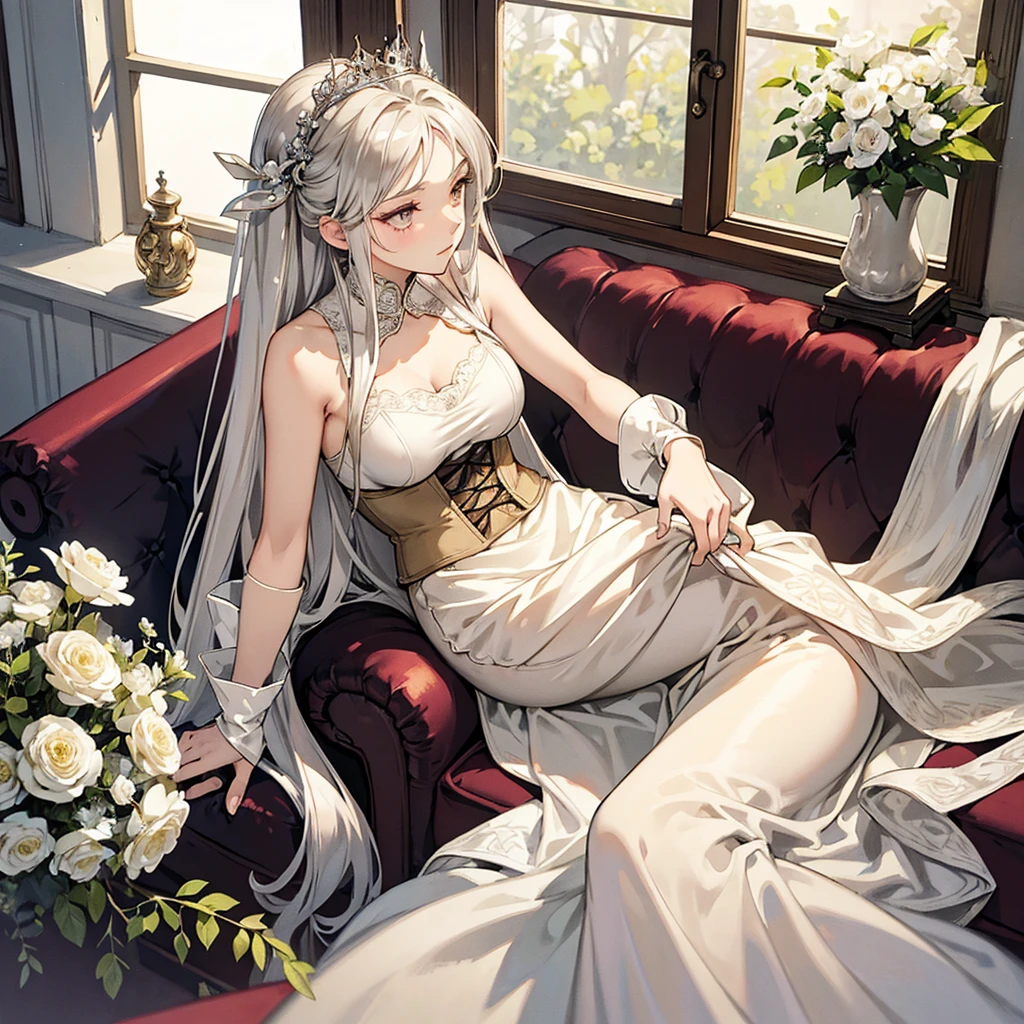 anime woman with very long silver hair, beautiful and attractive silver eyes, subtle makeup, with a blank expression and has a crown of flowers on her head, wearing an elegant beige sleeveless dress with a beige corset with 18th century lace detail, sitting in a traditional living room looking out of a window, JUST ONE 