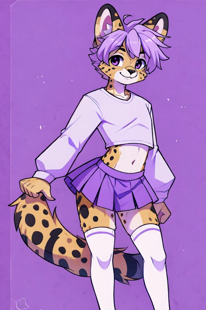 male anthro furry, teenage boy, serval, lavender colored skirt, white thigh high socks, white long-sleeve crop top, cute pose, smiling, light purple hair with black spots, 