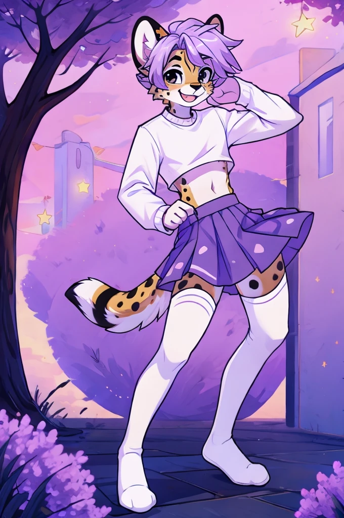 male anthro furry, teenage boy, serval, lavender colored skirt, white thigh high socks, white long-sleeve crop top, cute pose, smiling, light purple hair with black spots,