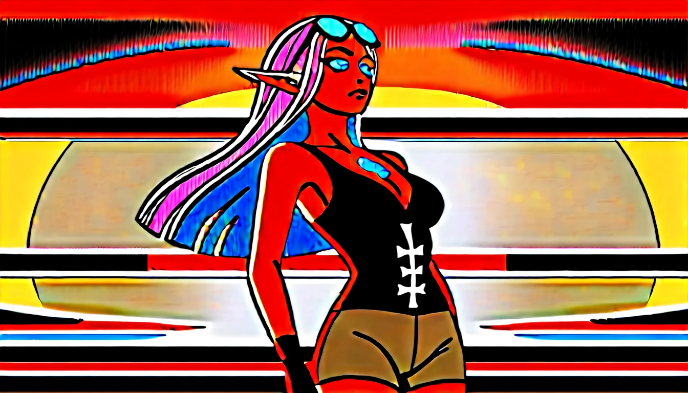 Masterpiece, high quality, illustration, extremely detailed, CG 8k unit, Dirigible, wind effects, 1_Women, whole body, standing on the deck of the wooden boat, clouds, lake, (exotic skin_complexion:1.4),maduro, statuary, high, beautiful, exotic, with long elf ears, looking to the side, two tone hair, long silver hair with Blue hair underneath, detailed face with diamond shaped eyes, (Blue_eyes), (dark_eyeliner), long_medium lashes_bust, airtight_gap, wearing steampunk corsé, chest window, brown shorts, cross belts, (glasses on head), red tinted glasses lenses, long fingerless_gloves, belts with metal gears, brown half skirt, hands on the hips, black airtight highs with embroidery, lace-up knee-high boots, Dynamic lighting casts detailed shadows., by canon dos, SIGMA 35mm F1 Art Lens.4, iso 100 shutter speed 2000, perfect hands,