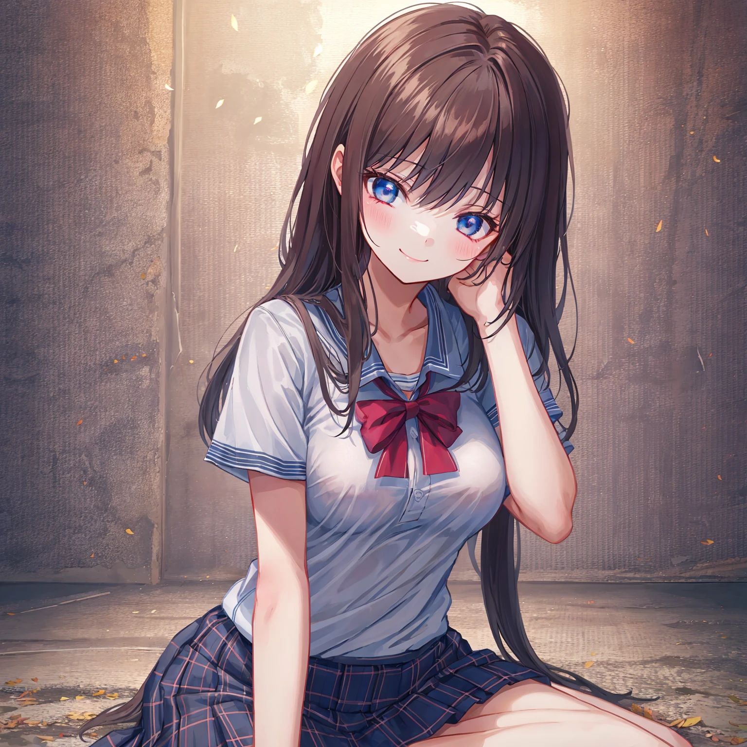 hair dark brown 1;4,Left wink,closed mouth,smile,middle ,{{high quality bra}},Abandoned school building at night,Sitting on the ground,{{beautiful large and medium size breasts 1:4}}, {{schoolgirl}}, black pleated skirt, top quality, From Below, cute girl, High quality background, slanted eyes, detailed shirt chest wrinkles, {{{high school girl}}}, BREAK, {{beautiful blue eye1:4}}, BREAK, five fingers