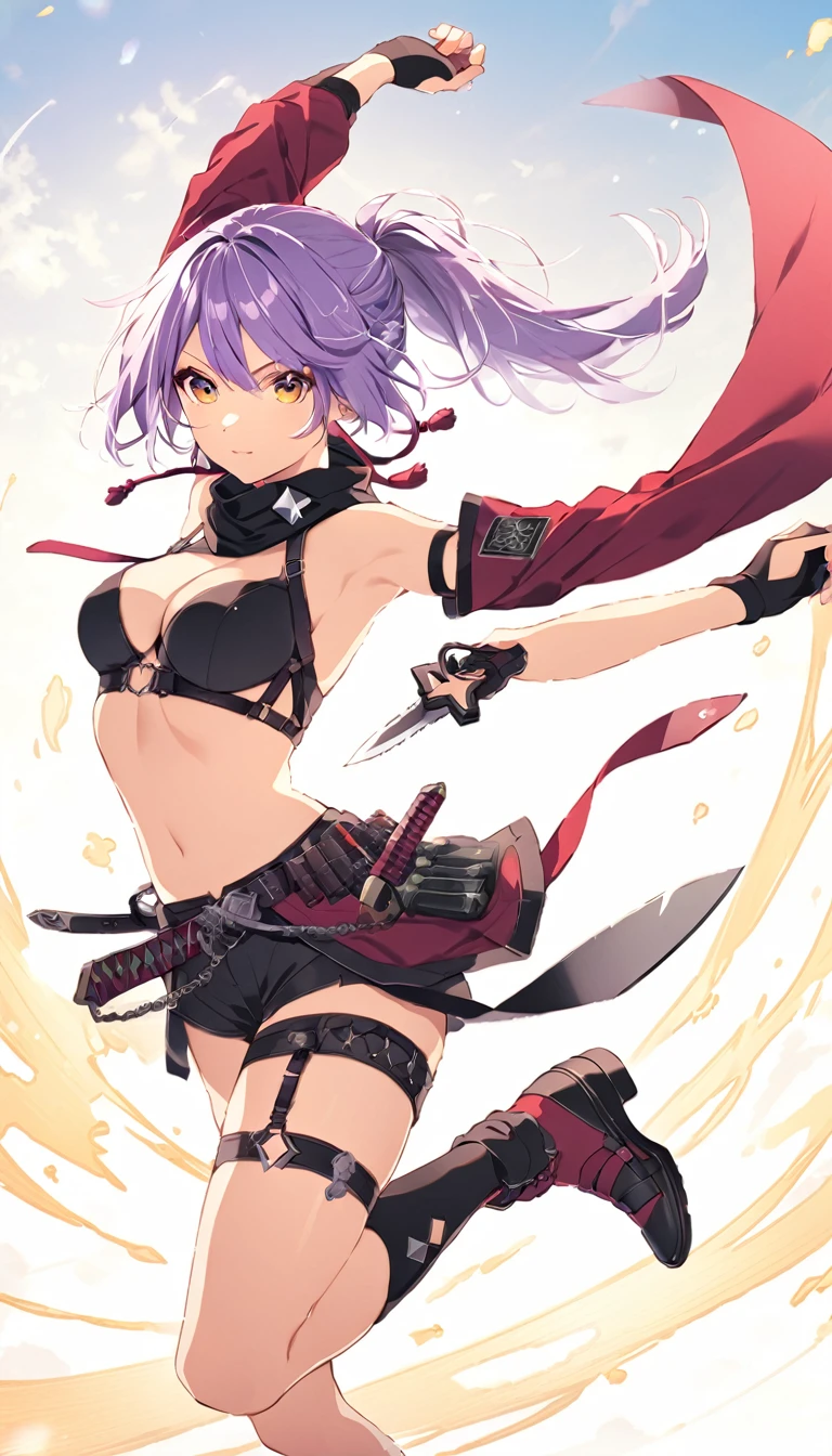 ponytail、Ninja、Shuriken、dynamic pose、Blonde、knife