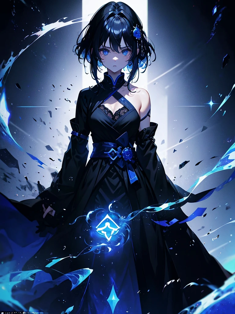 25-year-old girl、Rune background、black magician、Wearing a black robe、mesmerize、cute woman、Elegant hairstyle、indigo hair color、Slightly shorter hair、blue eyes、look at the viewer、masterpiece、Best image、